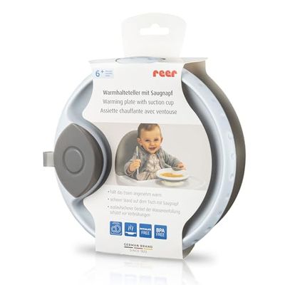 reer Assiette de maintien au chaud avec ventouse | Assiette antidérapante pour bébé | Vaisselle d'apprentissage | Garde les repas au chaud plus longtemps | Passe au lave-vaisselle | Gris/blanc