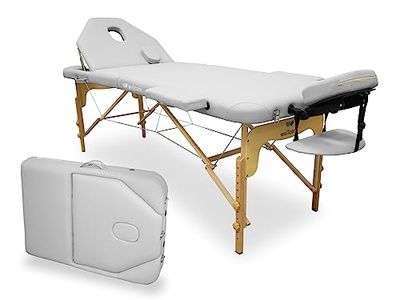 WELLCORE inklapbare massagetafel, met inklapbare rugleuning, gemaakt van hout, kunstleer, 195 x 70 cm, verstelbare hoogte, afneembare hoofdsteun, gezichtsgat, kleur wit, tot 225 kg