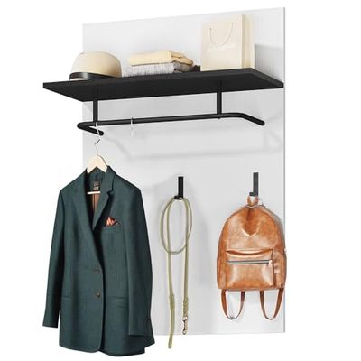YITAHOME Garderobepaneel, wandpanelen, garderobe met kledingstang en 3 kledinghaken, van metaal, zwart, garderobe, wandpaneel voor ingang, hal, woonkamer, glanzend wit, 75 x 110 x 31,5 cm (b x h x d)