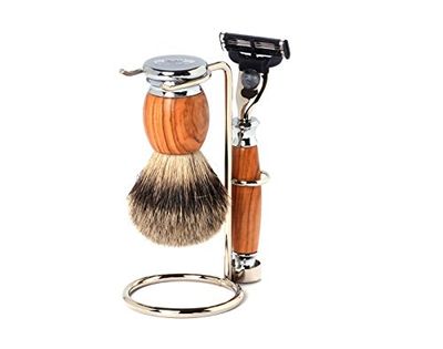 Hans Baier Kit de rasage avec rasoir, blaireau, pointe argentée, support olive/chromé
