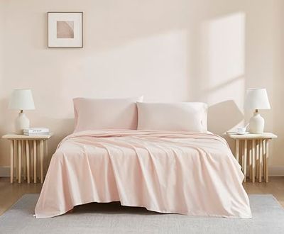 Linen Closet Luxury Cotton - Juego de sábanas de algodón orgánico de 144 Hilos, 4 Piezas, tamaño matrimonial, Color Rosa Claro