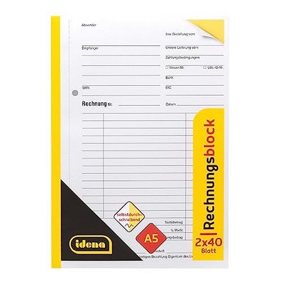 Idena 10848 - Invoice Pad, DIN A5, Carbonless Copying, 2 x 40 Sheets, for Small Businesses