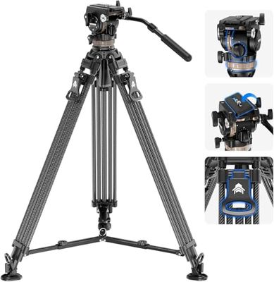 NEEWER LL55 Videostatief van koolstofvezel met vloeistofkop, koolstofvezel statief met 6 standen dynamisch contragewicht, 4-traps zwenk-/kanteldemping, middenspin, dual mode QR-plaat, maximale