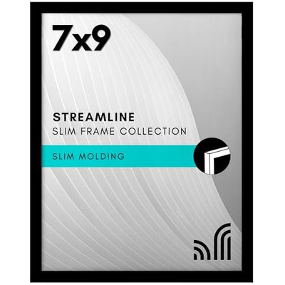 Americanflat 7x9 Picture Frame with Shatter-Resistant Glass - Streamline Collection - Thin Border Picture Frame for Tabletop and Wall Display - Hanging Hardware and Easel Stand Included - Black