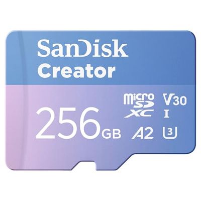 SanDisk Creator microSDXC UHS-I 256 GB + SD adapter (For Smartphones, Camera's and Drones, 5,3K & 4K, A2, C10, V30, U3, Speeds up to 190 MB/s, 3 months Adobe Lightroom included)