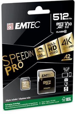 Emtec - Scheda microSD UHS-I U3 V30 A1-512 GB, 256 GB - ECMSDM256GXC10SP - Gamma Speedin - Con adattatore - Velocità di lettura e scrittura fino a 100 MB/s, 100 MB/s - Nero/Oro