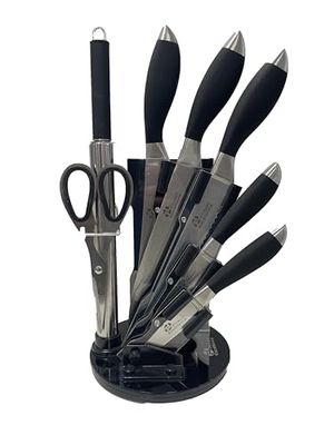 Pradel Excellence - ESSENTIELS - Bloc de couteaux tournant avec accessoires 7 pièces - Boite en couleur : 5 couteaux,1 fusil,1 ciseau.Lames en acier inoxydable et support plexiglas - Noir
