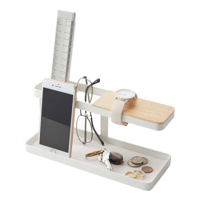 Yamazaki 2299 Tower Desk Organiser, White, Steel/Wood, 24.5 x 9.7 x 11.3 cm