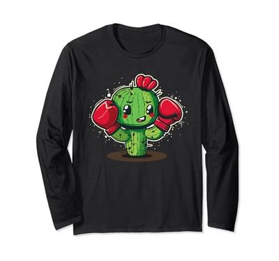 Lindo cactus de boxeo con guantes para fanáticos de las plantas y los deportes Manga Larga