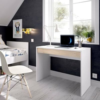 Dmora Perforated Desk, Multipurpose Space Saving Office Desk, Linear Study Table with 1 Drawer, 90 x 50 x 74 cm, White and Oak