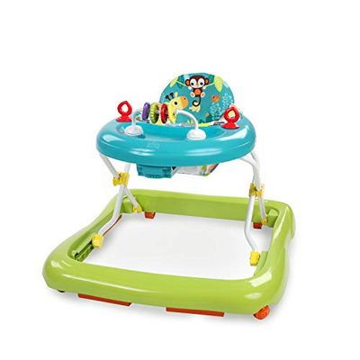 Bright Starts, Andador de primeiros passos dobrável para bebés Giggling Safari, brinquedo ábaco divertido e colorido, altura ajustável, assento removível, lavável na máquina, a partir dos 6 meses