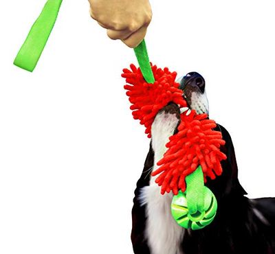 DINGO Pływająca zabawka do holowania z kulką smakową i uchwytem bungee, ręcznie robiony ścigacz psów do zabawy, przeciągania liny, zwinności, przyciągania, treningu wodnego, mikrofibra, czerwony