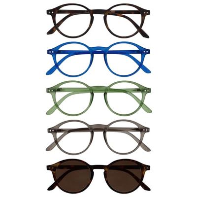 OPULIZE REY Occhiali da Lettura e da Sole - Pacco da 5 - Montatura Rotonda - Marrone Opaco, Blu, Verde, Grigio, Marrone - Uomo Donna - RRRRS56-23672 - +1.50