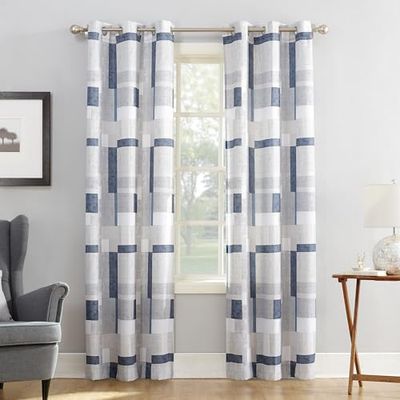 No. 918 Blockade Geometric Blocks Semi-Sheer Grommet Curtain Panel, 40" x 63, Navy