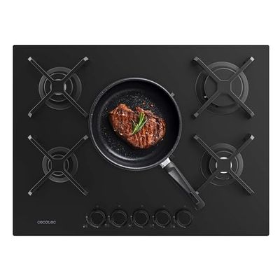 Cecotec Plaque de Cuisson à Gaz Bolero Squad G 5400S Nano Glass avec 5 Foyers, 10,4Kw, Grilles en Fonte, Foyer à Triple Anneau, Allumage Électronique, Système de Sécurité des Valves, Conversion au Gaz
