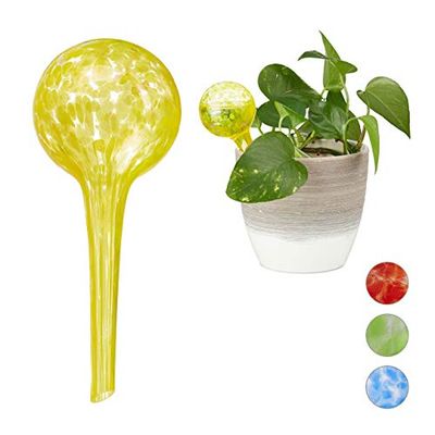 Relaxdays Globes Set of 2, Regulated Irrigation for Plants, Office & Holiday Watering Aid, Glass, Yellow, Diameter of Ball: app. 6 cm