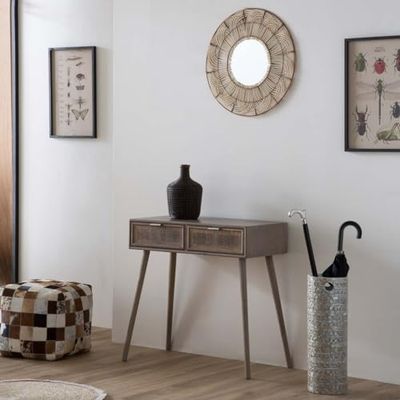 Recibidor De Madera Y Rejilla De Bambu Con 2 Cajones Gris