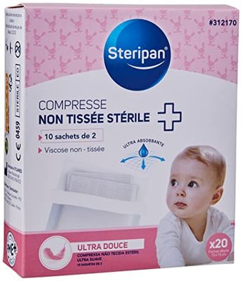 Steripan - Impacco non tessuto sterile - Ultra-morbido per neonati - 10 sacchetti da 2 compresse - ultra assorbente - viscosa non tessuta