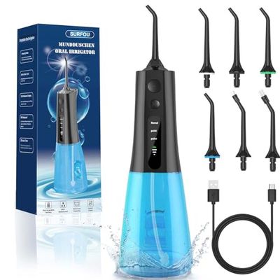 SURFOU Jet Dentaire, Hydropulseur Dentaire 3 Modes 6 Embouts de jet avec 4 réglages de Pression, Cadeaux de Noël IPX7 Etanche USB rechargeable et Réservoir D'eau 300 ml pour Voyage et usage Domestique