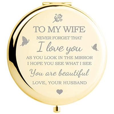 Miroir Compact doré avec Inscription « I Love You Wife » - Cadeau Romantique pour Un Anniversaire, Un Anniversaire de Mariage, la Saint-Valentin, la fête des mères ou Noël