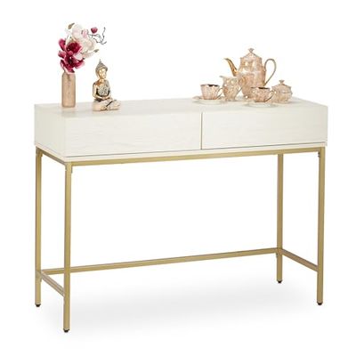 Relaxdays Consola Recibidor, 2 Cajones, Sideboard, Mesita Pasillo, Salón, Madera y Metal, 80x110x40 cm, Blanco y Dorado