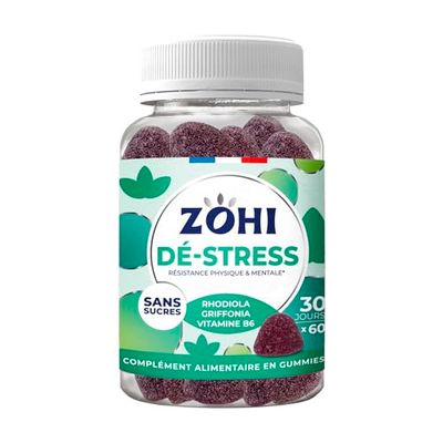 Complément Alimentaire Dé-Stress-Gummies Dé-Stress favorisant la résistance physique et mentale au stress -60 gommes de fruits goût Fruits des bois-Rodhiola- Vegan- ZOHI- Fabriqué en France