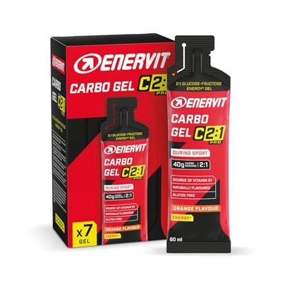 Enervit Carbo Gel C2:1PRO Naranja, Gel Energético con 40g Carbohidratos, Actividades de Alta Intensidad, +50% Carbohidratos Absorbidos, Sin Gluten, Vegano, Alta Digestibilidad, 7 Pack de 60ml