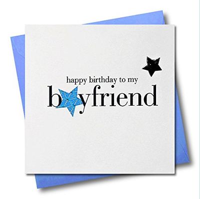 Claire Giles Greeting Cards, Happy Birthday Boyfriend Card, Blue Stars Design Birthday Greeting Card, Embellished with a Shiny Padded Star