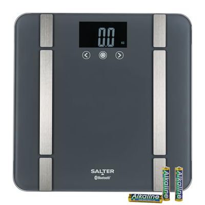 Salter SA00432GFEU6 Bilancia intelligente per bagno - bilancia digitale Bluetooth, 200 kg, 17 metriche corporee, 8 memoria utente, connessione al telefono con l'app Salter Health, grigio