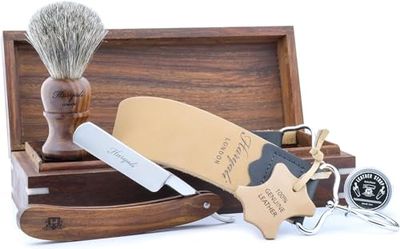 Haryali London Classic Collection Barber Salon Wooden Box Straight Cut Throat Wooden Shaving Razor, Wooden Black Badger Hair Shaving Brush, Leather Strop, Honing Paste. Set 5 Pc Luxury Shaving Kit