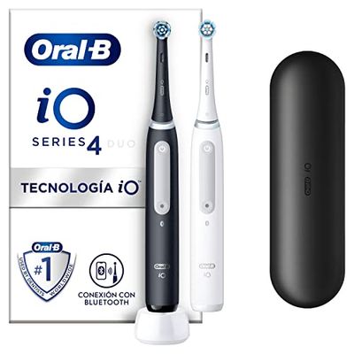 Oral-B iO 4 Pack Doble, Cepillo de Dientes Eléctrico Blanco y Negro, con 2 Cabezales y 1 Estuche de Viaje, Diseñado por Braun