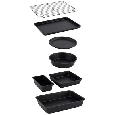 Salter Bakes Stackable 7 Piece Bakeware Set – Non-Stick with Baking Tray, Cake Tin, Tart Tin, Loaf Pan, Brownie Pan, Roasting Tin, Cooling Rack, Compact Storage, PFOA-Free, Oven Safe, Black