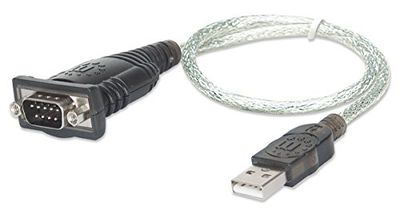Manhattan USB-A to Serial Converter cable, 45cm, Male to Male, Serial/RS232/COM/DB9, Prolific PL-2303RA Chip, Black/Silver cable, Blister