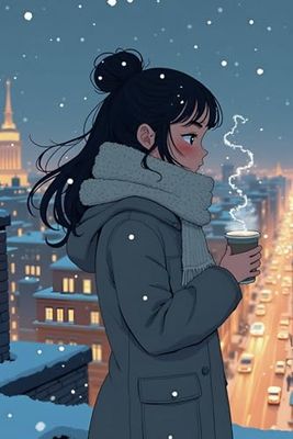 Winter Skyline Anime Girl and Bird Cozy & Aesthetic Lined Notebook: 120 Pages, 6x9 inch, Matte Cover