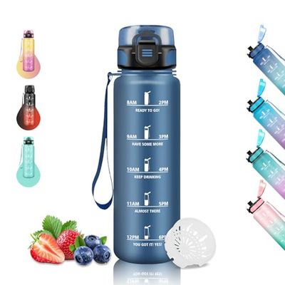 Borraccia, Borraccia 1 Litro, Borraccia Palestra Senza Perdite, Borraccia Sportiva, Facile da Pulire, Borraccia Motivazionale con Scala Temporale, Borracce per Yoga, Ciclismo, Campeggio, Blu Navy