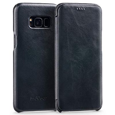 moVear Flipside S klassiskt läder mobilskal, kompatibelt med Galaxy S8 [5,8 tum), med magnet för att stänga luckan, vintage svart, elegant och elegant, handgjord