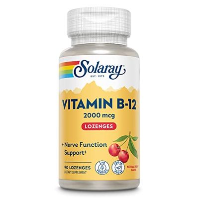 SOLARAY Vitamina B-12 2000mcg | Sabor a cereza natural sin azúcar | Energía saludable y soporte de glóbulos rojos | Sin Gluten | Apto Para Veganos | 90 Lozenges