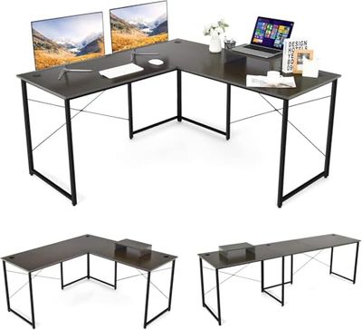 FANTASK 150 x 150 x 74 cm, bureau, L-vorm, rustiek, bruin, gaming computertafel, bureautafel, hoektafel met 3 kabelgaten, omkeerbaar hoekbureau met monitorstandaard