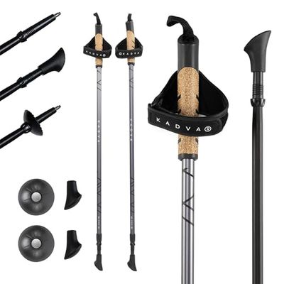KADVA Bastones de Marcha nórdica ARUKU en Negro, tamaño Ajustable 83-135 cm, Sistema de Bloqueo Giratorio para Estabilidad y Seguridad, reducción de Vibraciones con Sistema antichoque de Resistencia