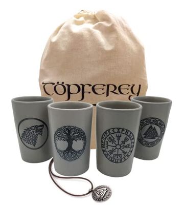 Keramische bekerset Viking - kleibeker met gravure, middeleeuwse koffiemok