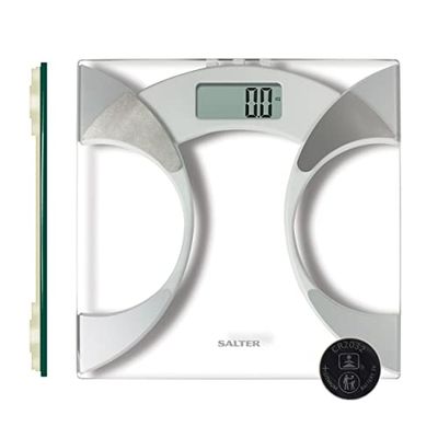 Salter 9141 WH3R Ultra Slim Glass Analyser Bathroom Scale, Measures Weight, Body Fat/Water and BMI, 4 User Memory, Slim Design, Carpet Feet for Accuracy on Uneven Floors, 160KG Max Capacity, Silver