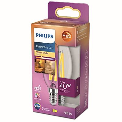 Philips LED - Bombilla LED Clásica Vela y Brillo, B35 E14, Luz Blanca Cálida Regulable, 40W