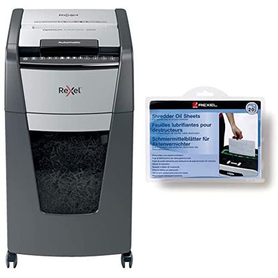 REXEL Optimum Auto Feed+, Distruggidocumenti Automatico, 300 Fogli & Foglio lubrificante per distruggid. 20fg 2101949