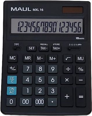 Maul Calculatrice de Bureau Mxl 16, Calculatrice à 16 Chiffres avec Calcul de Taxes, Grande Calculatrice de Bureau Professionnelle, Alimentation Solaire et à Pile, 20, 5 x 15, 5 cm, Noir