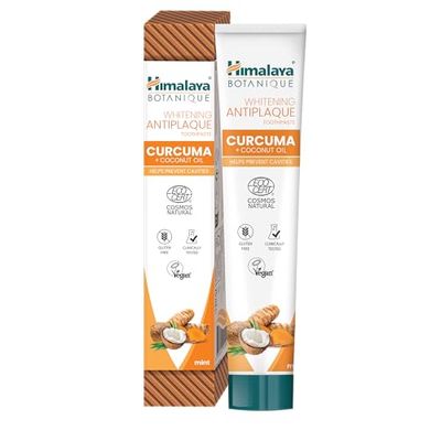 Ecocert Cosmos Natural certifié Himalaya Botanique Dentifrice Antiplaque Blanchissant Curcuma + Huile de Noix de Coco pour des Dents plus Brillantes | Sans fluor ni gluten, 75 ml