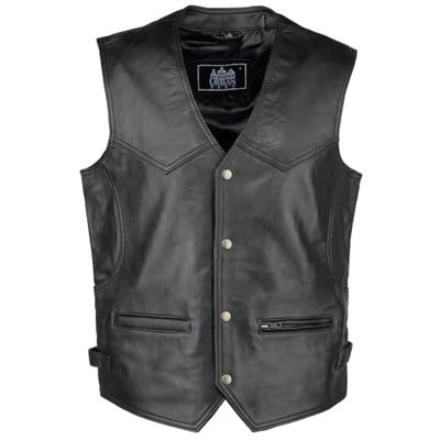 URBAN 5884 Gilet in Vera Pelle Stile Biker, Gilet Pelle Moto, Pelle Ovina Comoda e Confortevole, Gilet da Motociclista con chiusura a Bottoni, Nero, XL