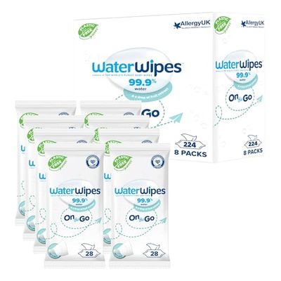 WaterWipes Chusteczki na Wyjazdy, 224 szt. (8 opak.), 99.9% Wody, Idealne w Podróży, Do Twarzy i Ciała
