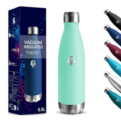 Insulated Water Bottle, 500 ml BPA Free, Water Bottle, 18/8 Stainless Steel, Stainless Steel Water Bottles, Double Walled Vacuum Insulation, Thermal Bottle for School, Travel, Jogging - Blue Green