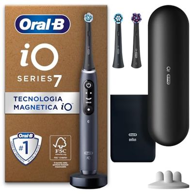 Oral-B Spazzolino Elettrico Ricaricabile iO 7N, Sensore di Pressione, Display Interattivo, Intelligenza Artificiale, 3 Testine, 1 Spazzolin0, 1 Custodia da Viaggio, Nero, Idea Regalo