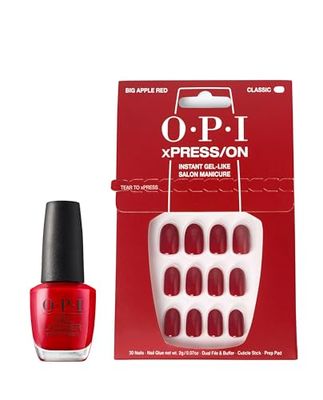 OPI xPRESS/ON Press On Nails & Cuticle Oil, 30 Pcs Reusable False Nails with up to 14 Days of Wear, Deeply Nourishing Cuticle Oil, Gel-Like Salon Manicure, Vegan, Big Apple Red Red Nail Polish